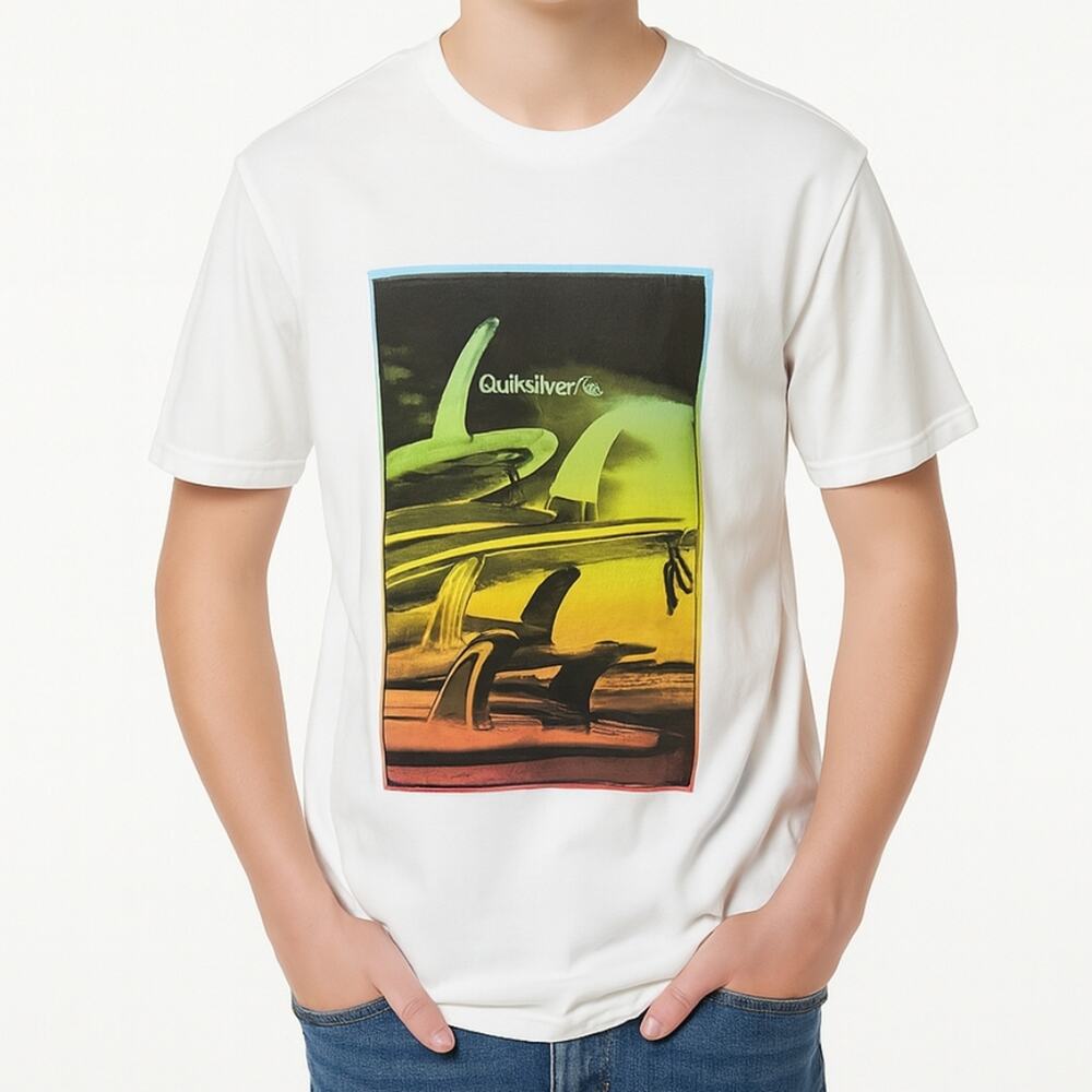 New Quiksilver Fin Stack Graphic Tee White Size L Surfboard Print 100% Cotton